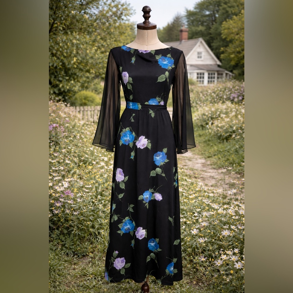 Vintage 1970s Floral Black Maxi Dress with Sheer Flowy Sleeves